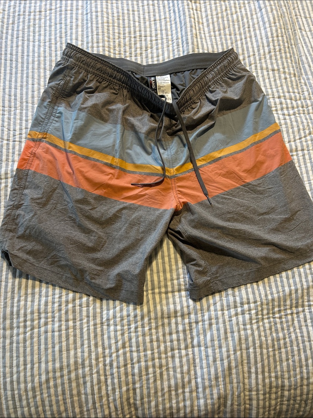 Men's Gray Swim Board Shorts with Rust and Blue Stripes